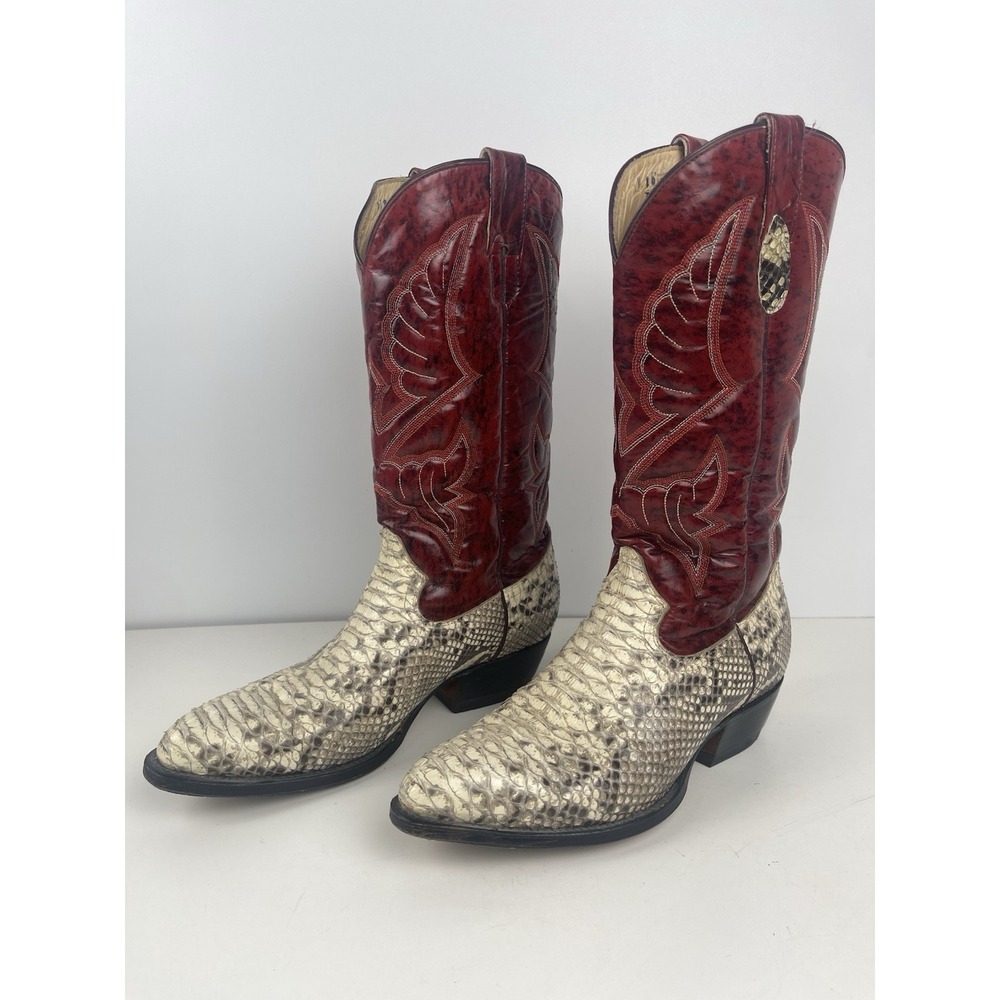 Vaquero Cowboy Boots Red Leather Uppers With White/black Snakeskin On Lower - Picture 2 of 16